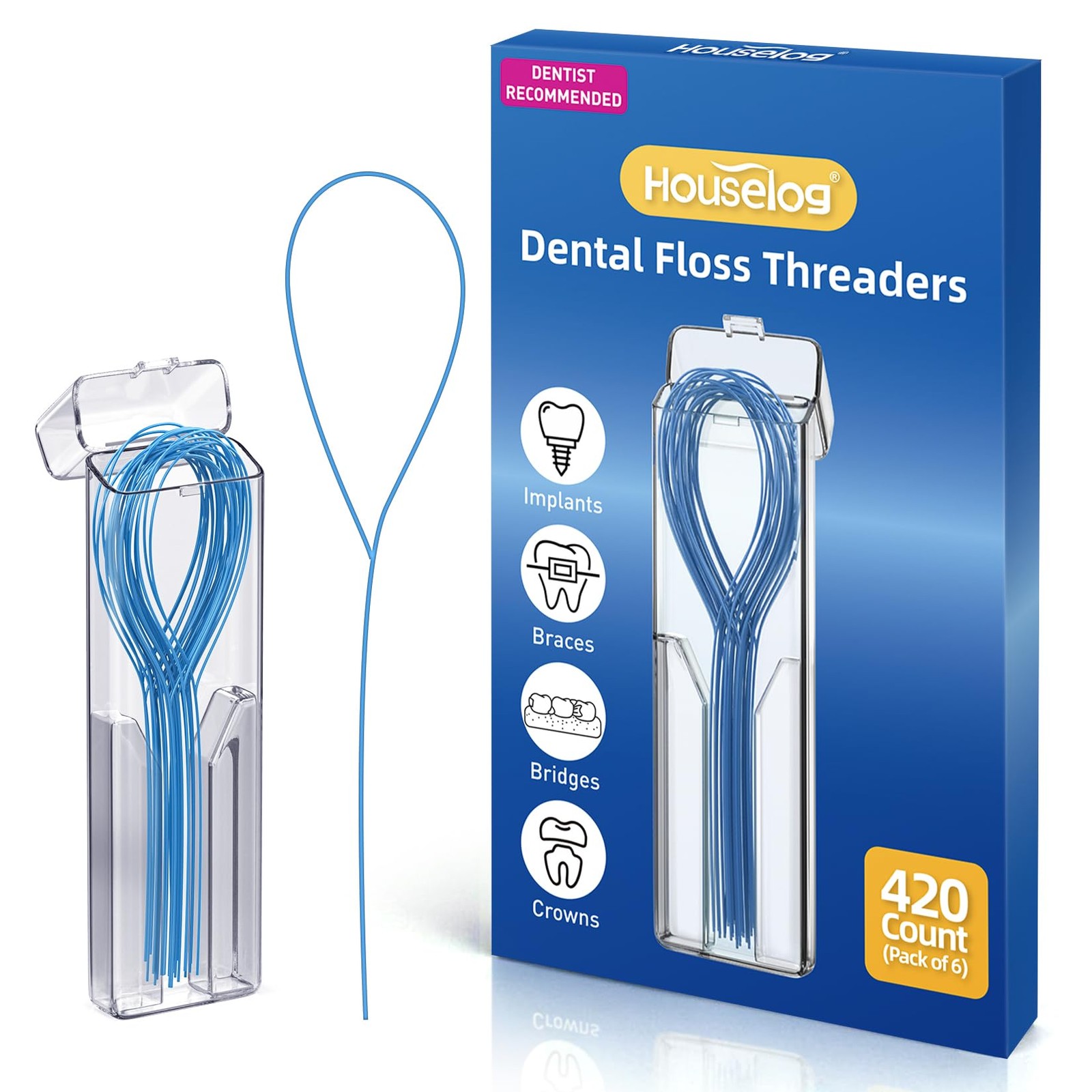 Houselog Floss Threaders | 420Count Dental 70 Count (Pack of 6), blue