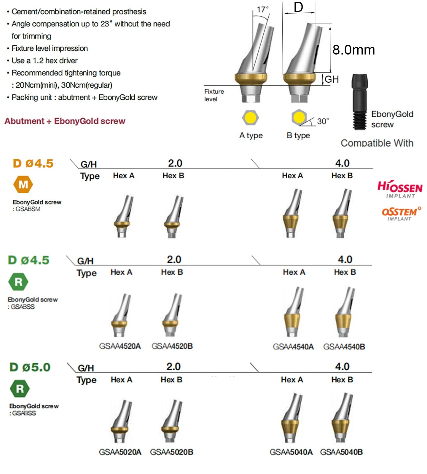US Dental Titanium Hex A/B 17° Angled Abutment for Hiossen ET Mini Regular Plat