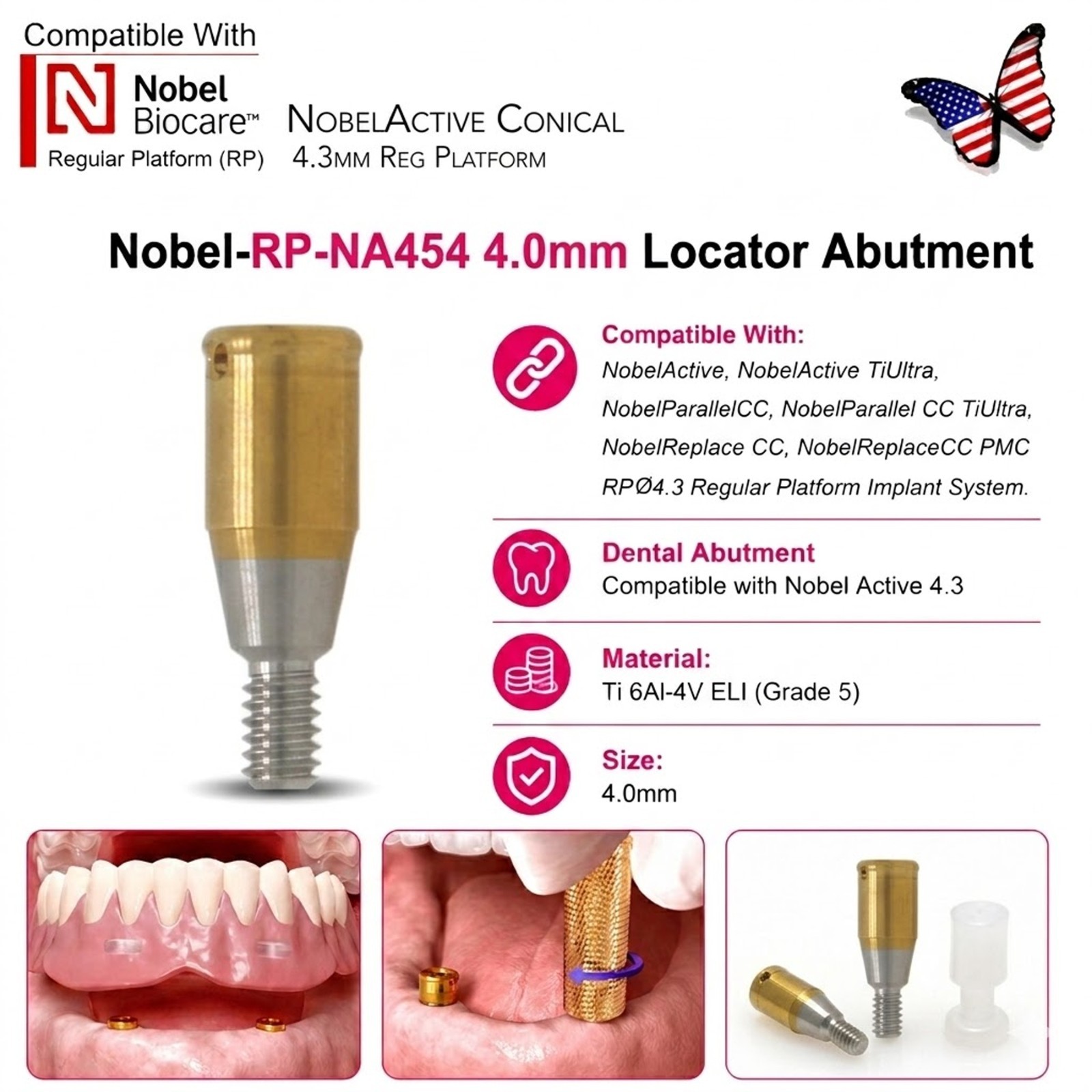 US Locator Attachment Abutment For Nobel Biocare Active Conical NP Ø3.5/RP Ø4.3