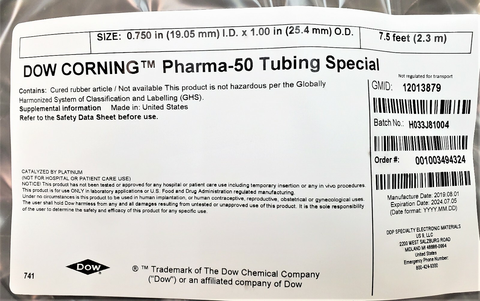 Dow Corning Pharma-50 Tubing 0.75” I.D. X 1” O.D. 7 ½ Foot Roll 2024 [D1TP]