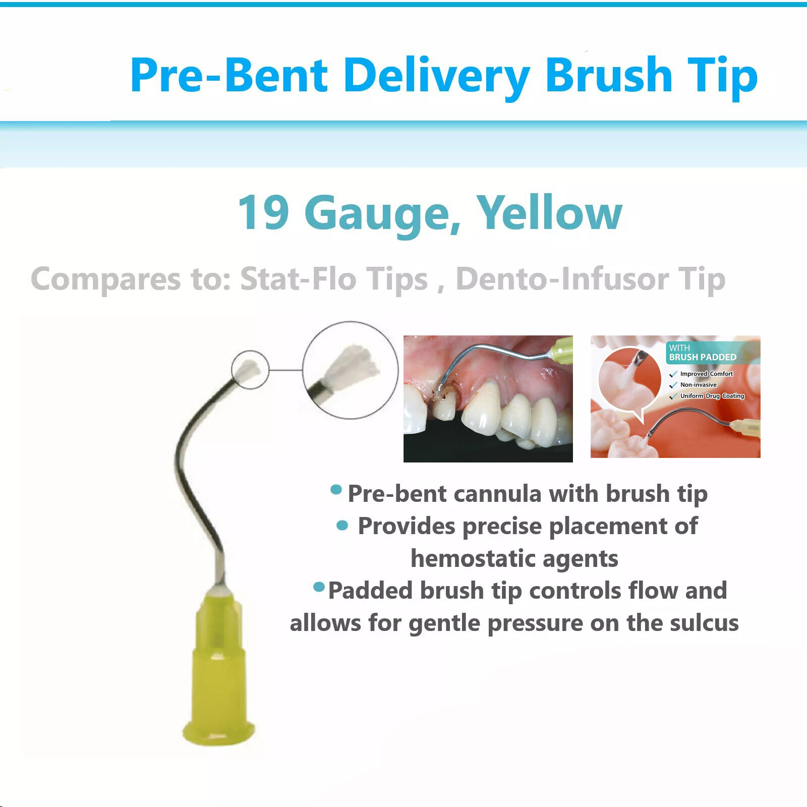 Dental Hemostatic Delivery Bent Tips with Brush End 19G, Stat-Flo Type 100Pc/Box