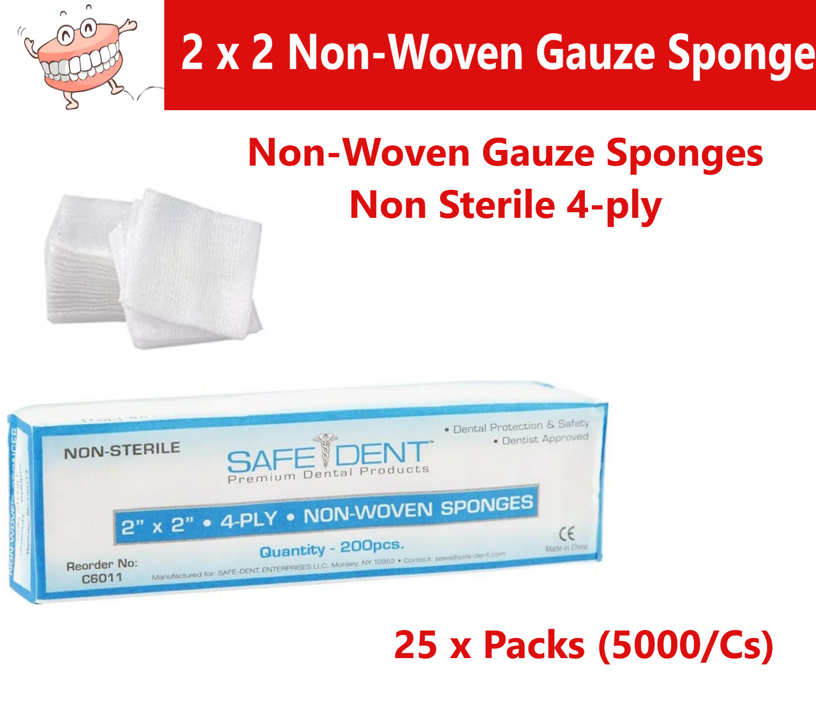 5000/Cs DENTAL 2 x 2 Sponges Gauze Non-Woven sponges, 4-Ply, Gauze Pad, Medical