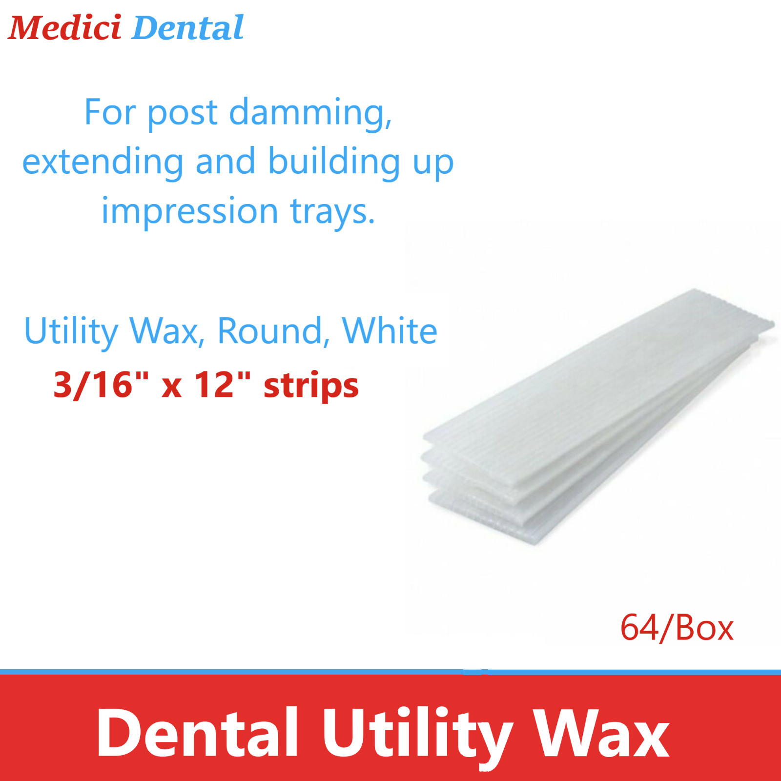 Dental Utility Wax 3/16″ x 12″ strips, Square Rope, Round Strips, White / Red US