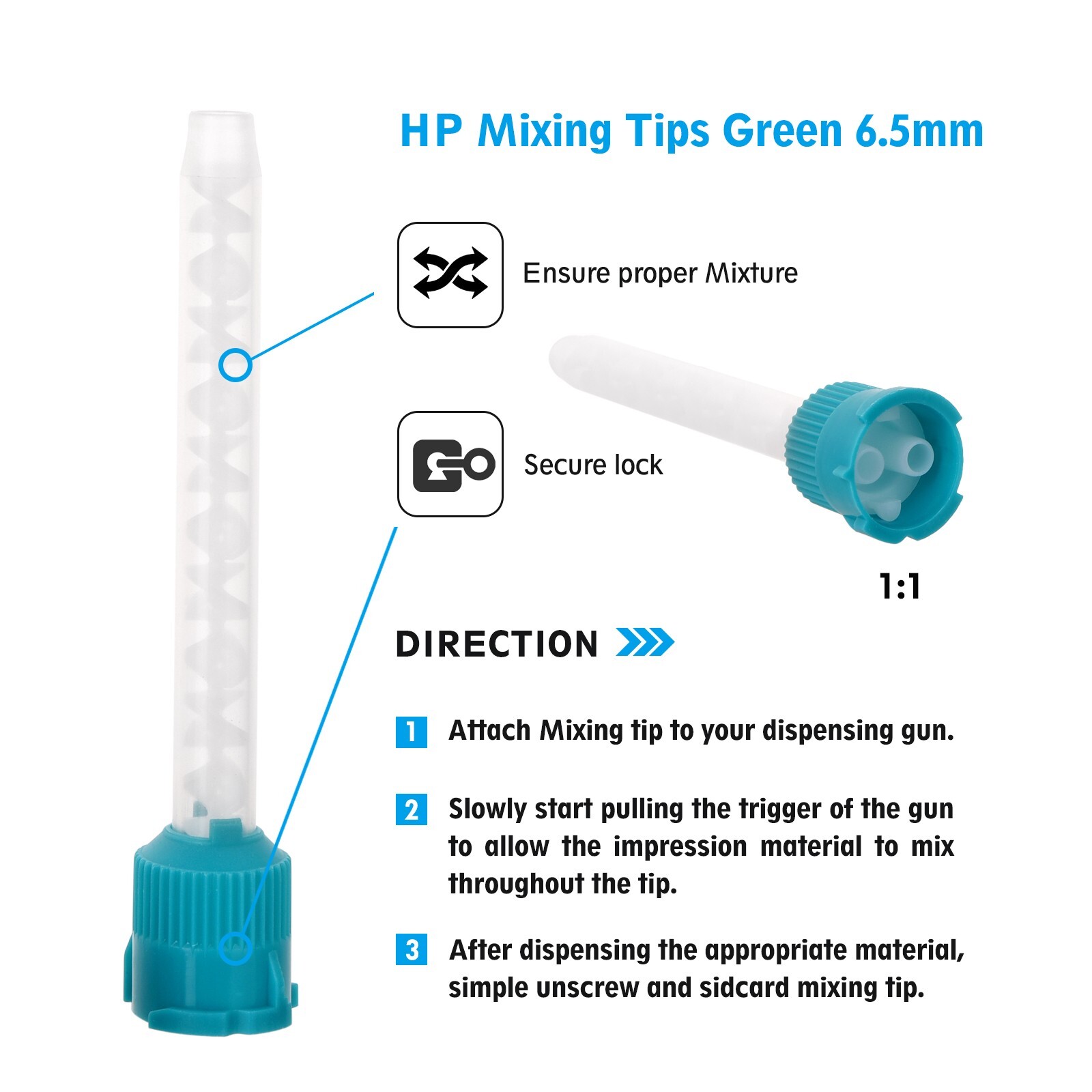 OneMed Dental Mixing Tips Impression HP Tips Teal 6.5mm(1:1) 50Pcs/Bag