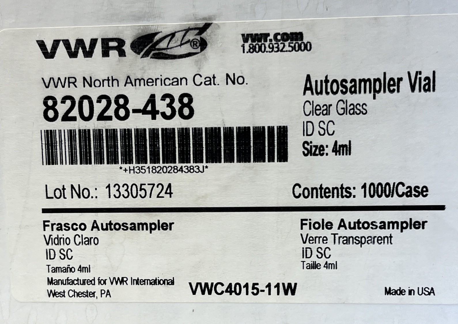 (1000) VWR 82028-438 4ml Autosampler Vial, Clear Glass, ID SC