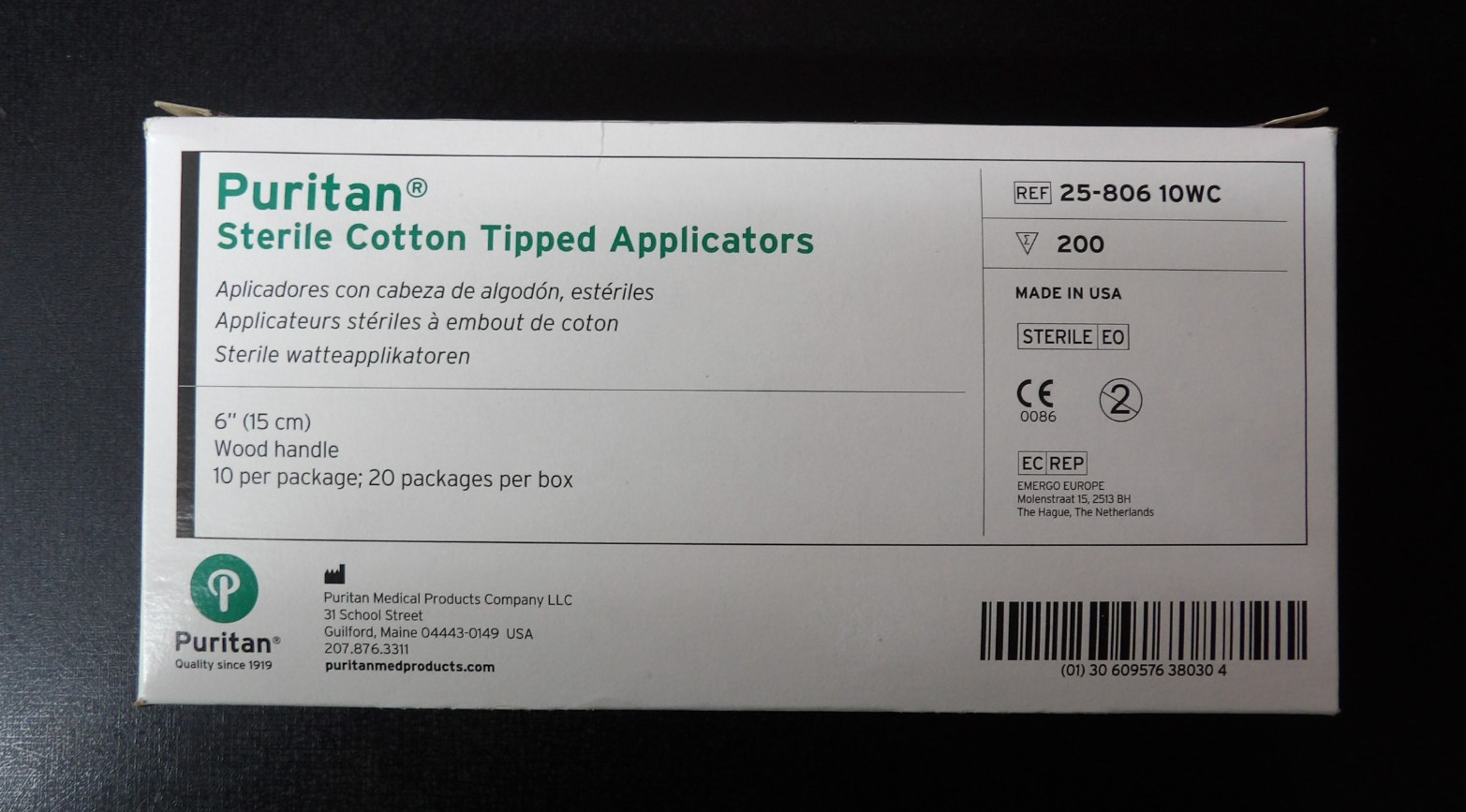 Puritan 25-806 10WC Sterile Cotton Tipped Applicators 6″ Wood Handle 200 per box