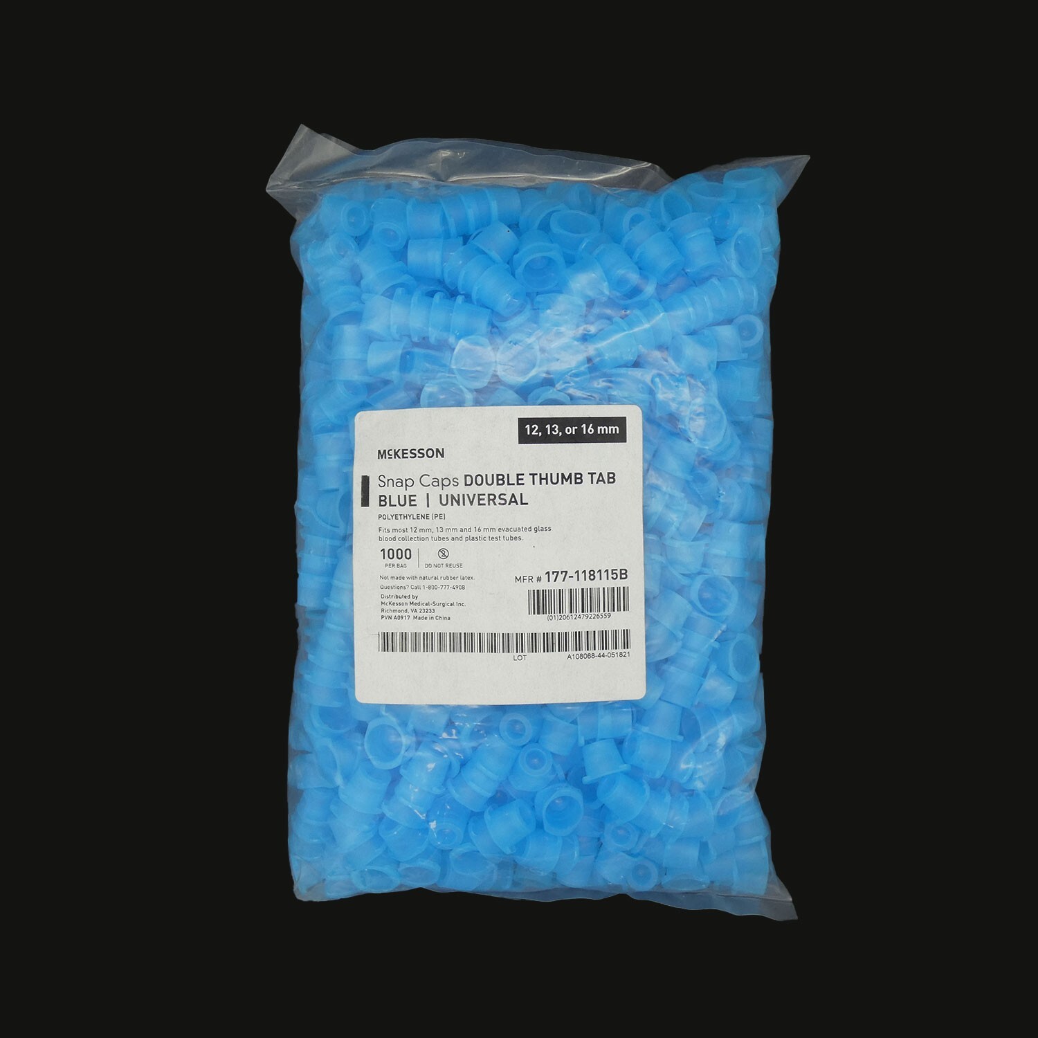 12, 13, & 16mm Snap Caps, Double Thumb Tab, Blue, 1,000/bag