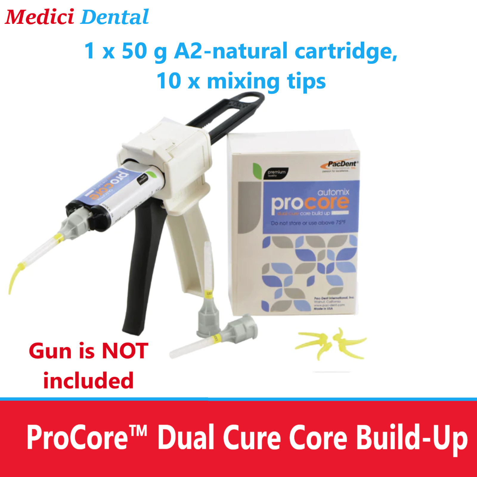 Dental ProCore Dual Cure Core Build-Up 1 x 50gm A2 Cartridge, 10 x Mixing Tips