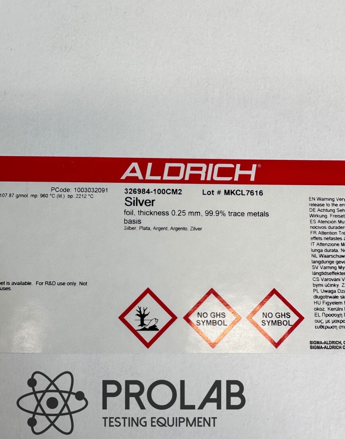NEW Sigma Aldrich Silver Foil Thickness 0.1 mm 99.9% Trace Metals Basis