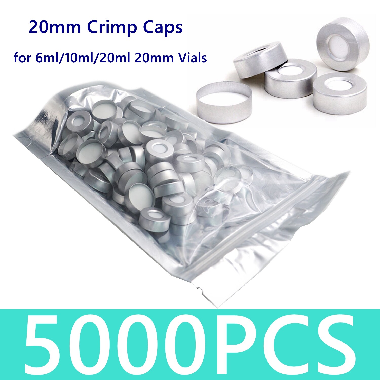 5000pcs 20mm Aluminum Crimp Cap PTFE/White Silicone Septa F 10ml/20ml HPLC Vials