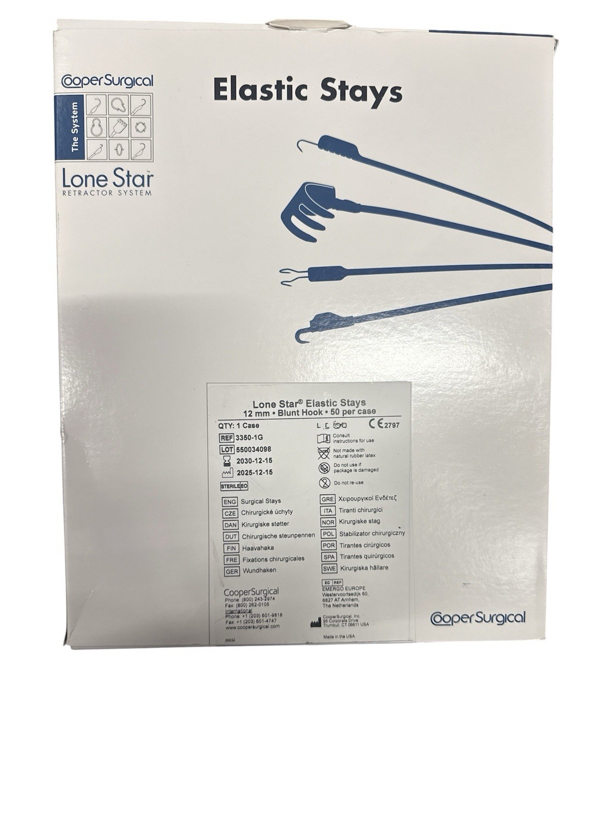 *50-Pieces* CooperSurgical Lone Star Elastic Stays 12mm Blunt Hook 3350-1G