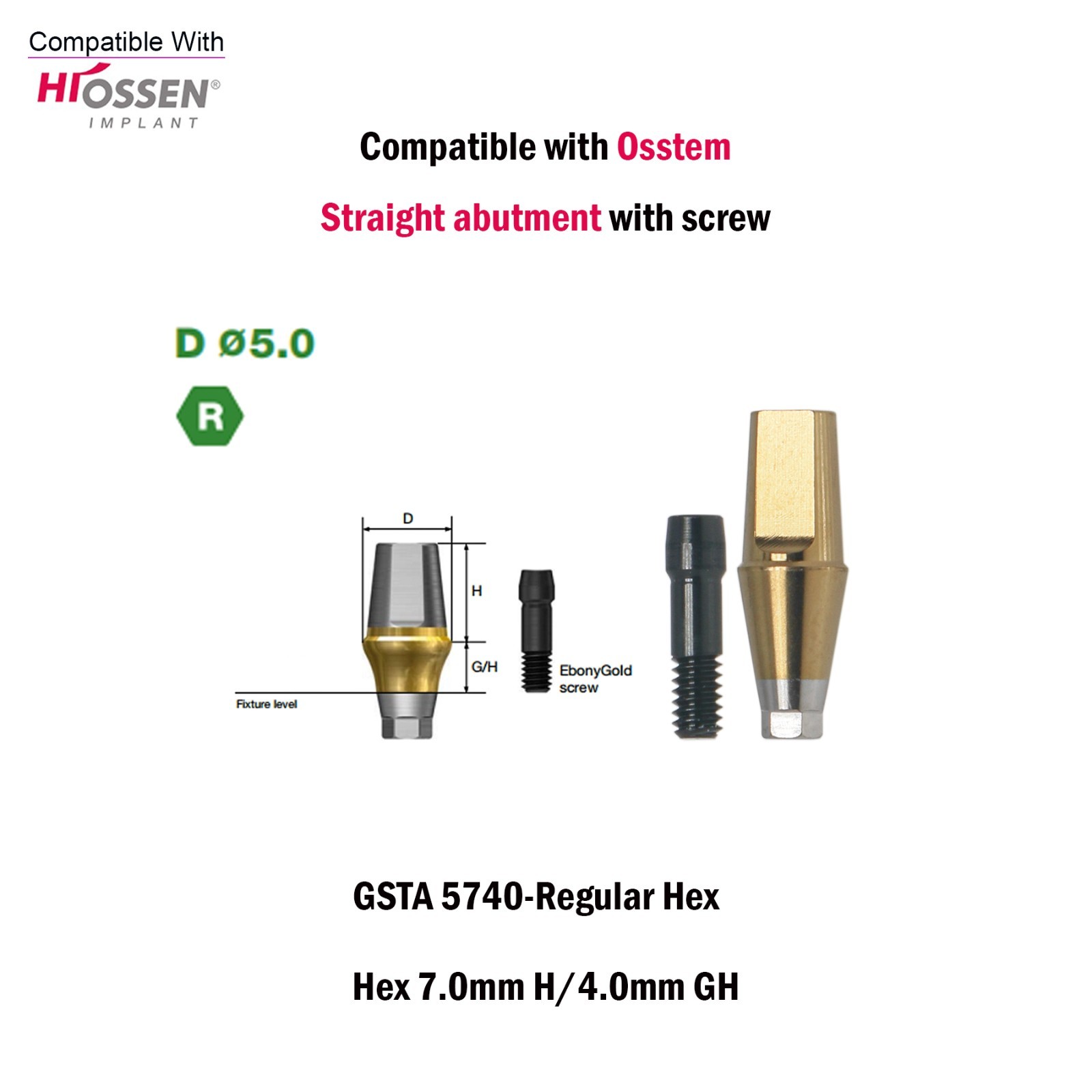 US Regular Straight Transfer Abutment Ø5.0 For Osstem Hiossen Hex 7.0mm Implants