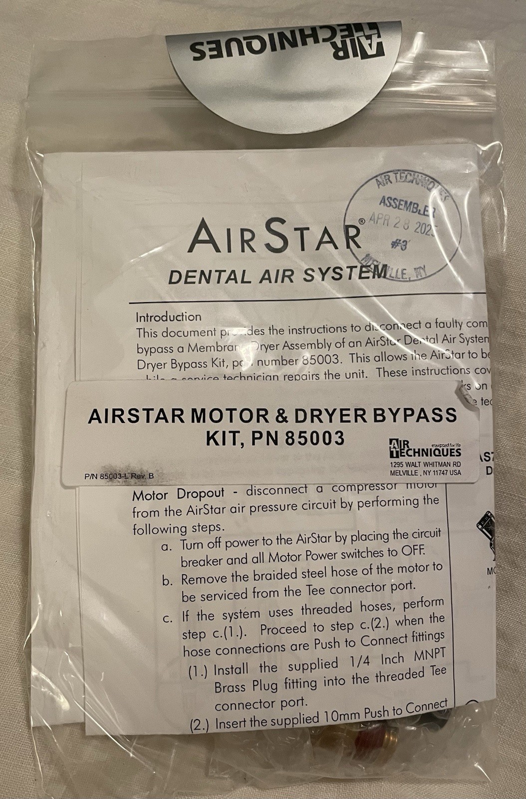 Sealed! Air Star Dental Air System, Airstar Motor and Dryer Bypass Kit PN 85003