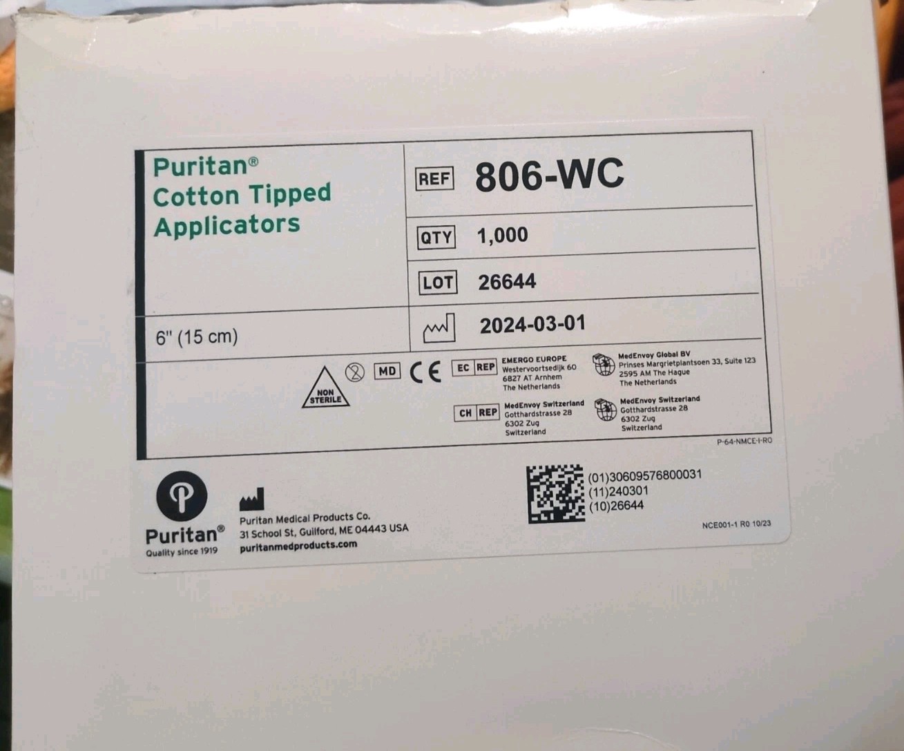Puritan REF 806-WC Cotton Tipped Applicators 6″ 1000 PCS