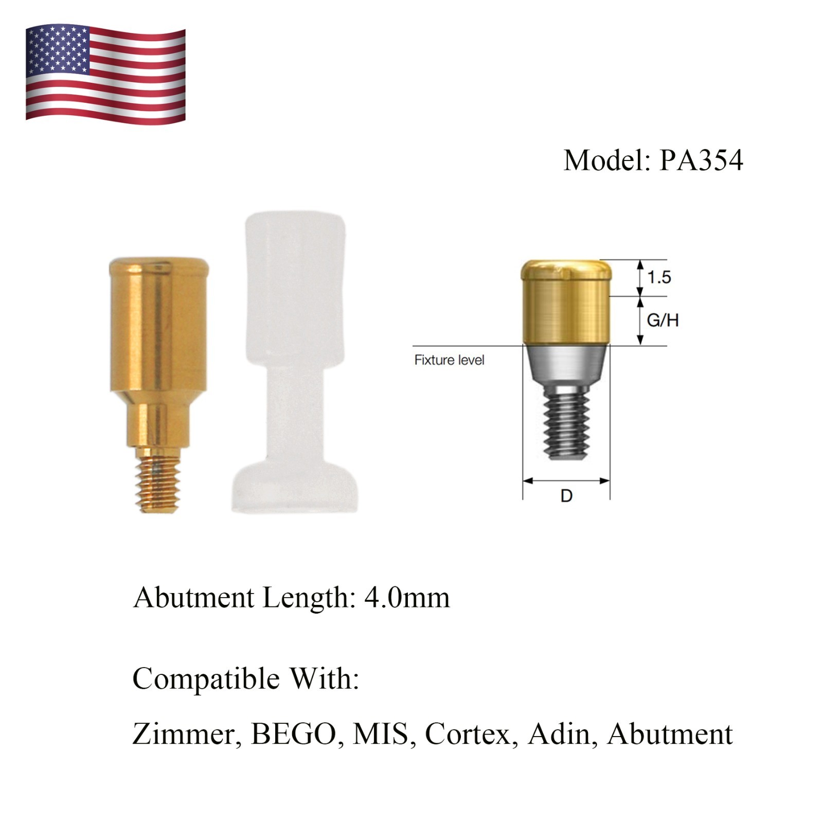 US Zimmer Screw-Vent 3.5mm Platform Abutment 1.0-5.0mm Overdenture Compatible