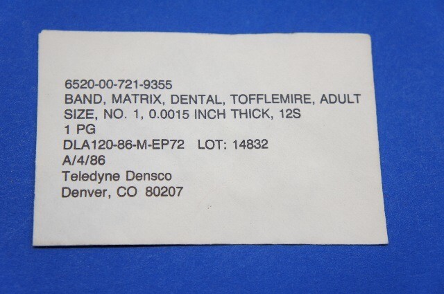 Teledyne Densco Band Matrix Dental Tofflemire Adult Size No 1 ~ Pack of 12