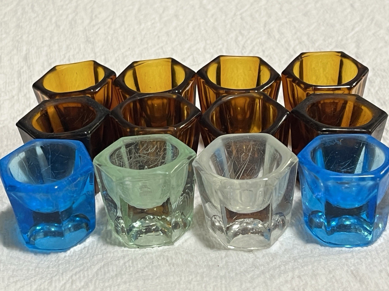 LOT OF 12 VINTAGE Amber Blue Clear Green Glass Dappen Dish Dental, Nail Spa Used