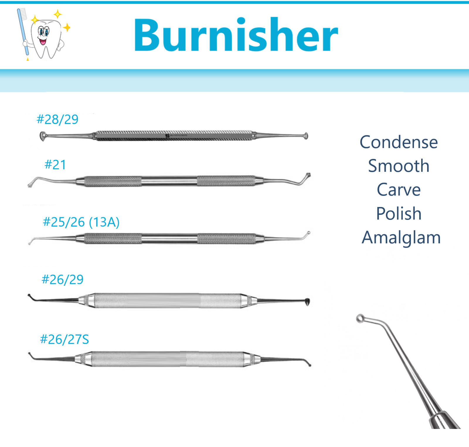 Dental Burnisher #26/27S BALL, Polish amalgam Burnishers Hand Instrument #26-27S
