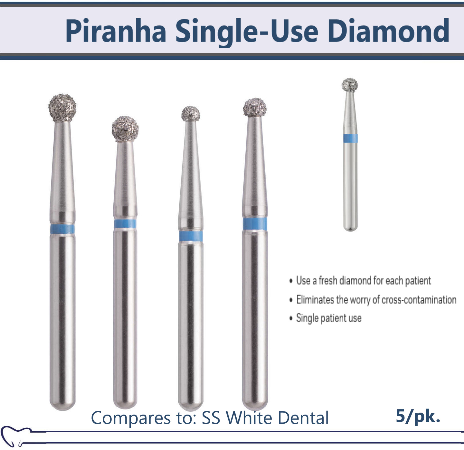 Dental Diamond Bur Round, Piranha Single-Use Diamond Burs Coarse, Medium, 5Pk