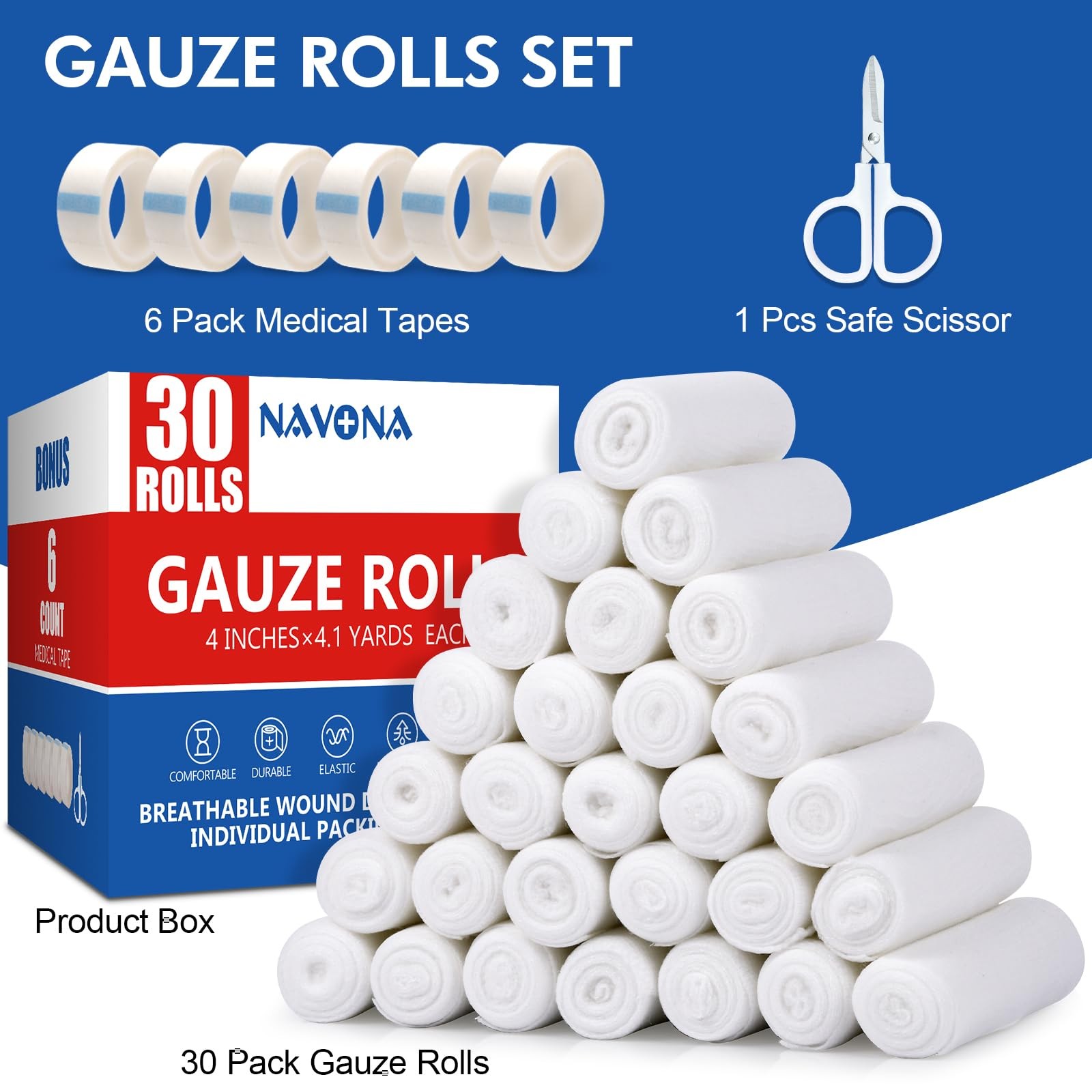 Navona Gauze Rolls 30 Pack, 4 in x 4.1 Yards, 4 Inch x yards, Pack of 30