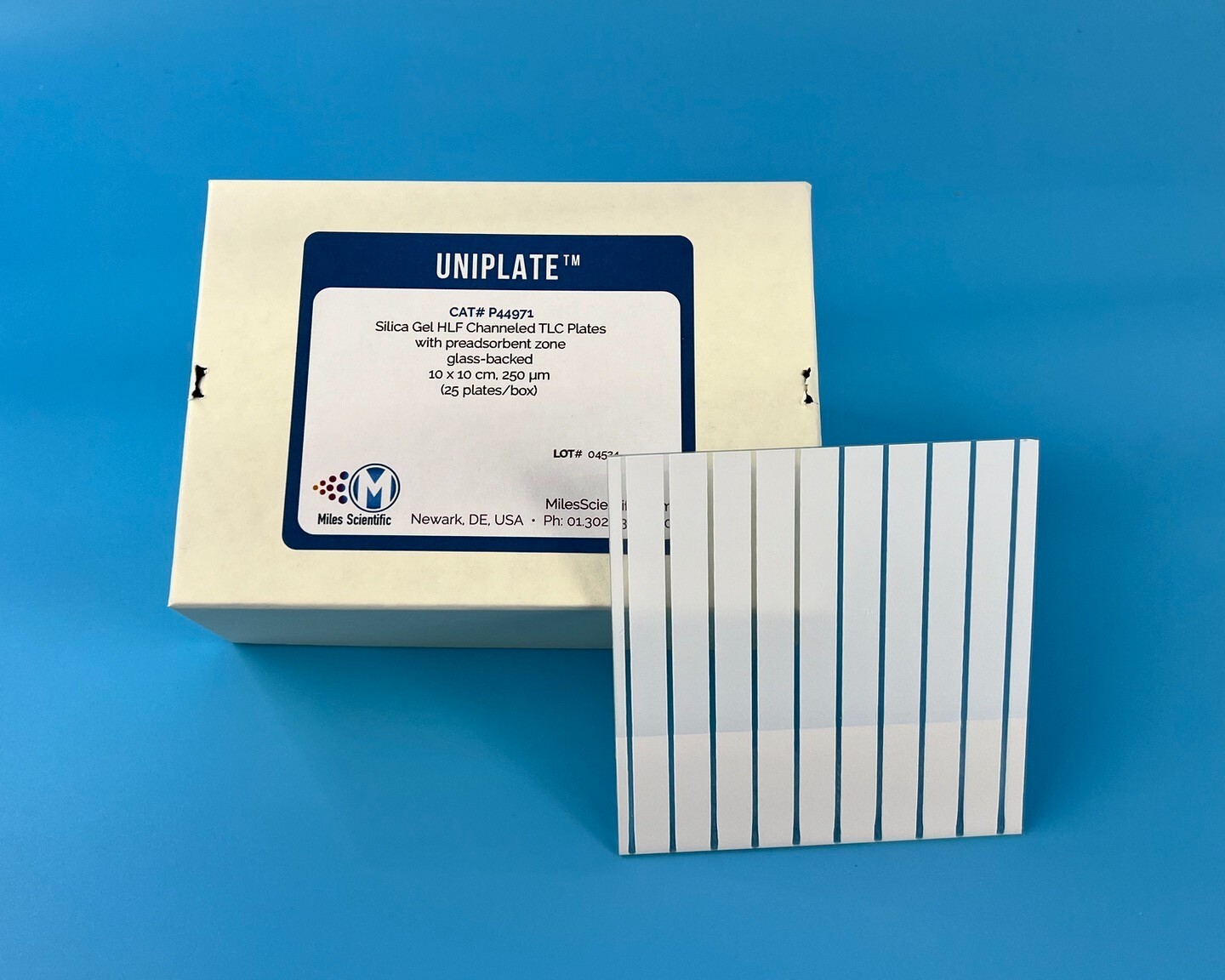 Silica Gel HLF TLC Plates 250um 10x10cm Channeled w/Preadsorbent Zone P44971