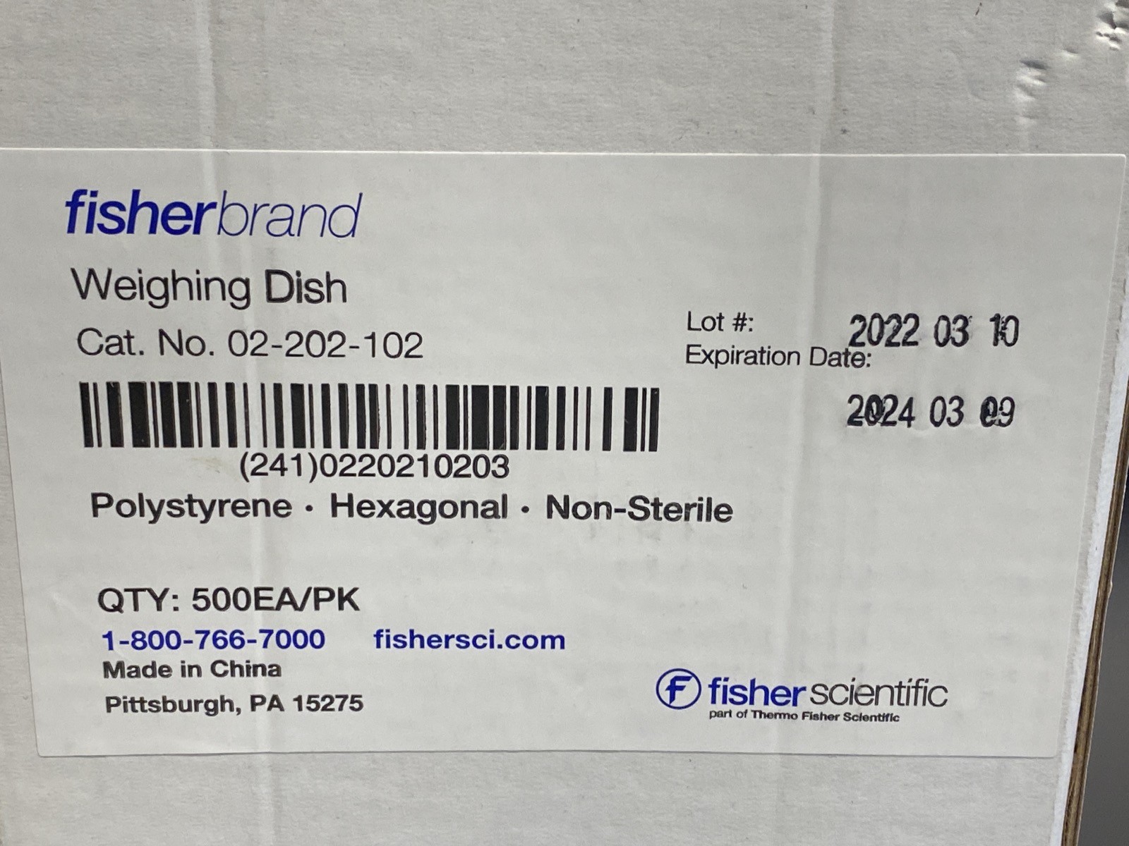 (500/Pk) FISHERBRAND Polystyrene Weighing Dishes Hexagonal Shape 02-202-102