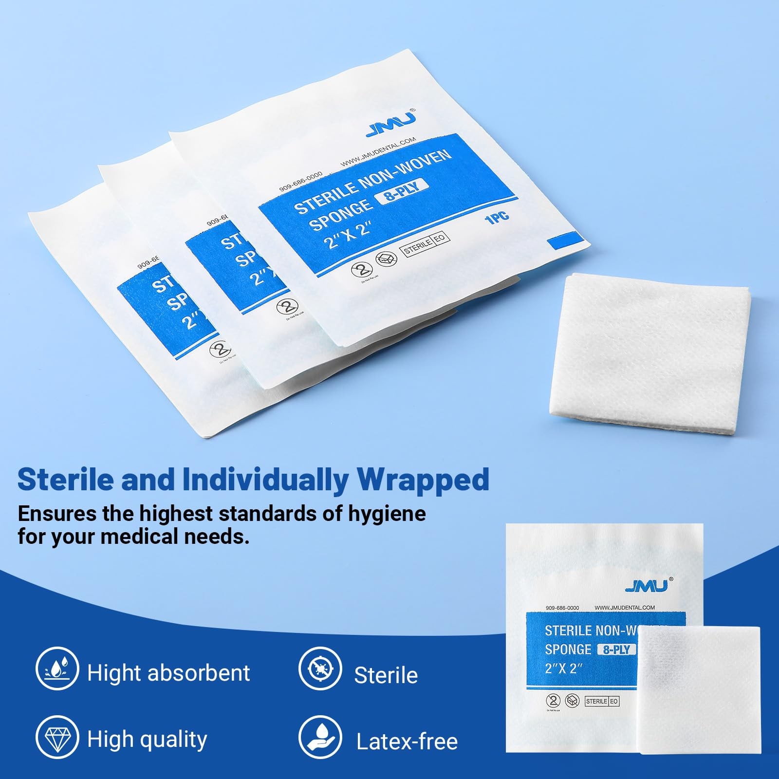 JMU 100 Pack Sterile Gauze Pads 2×2, 8-ply Highly Absorbent Non-Woven 2″x2″