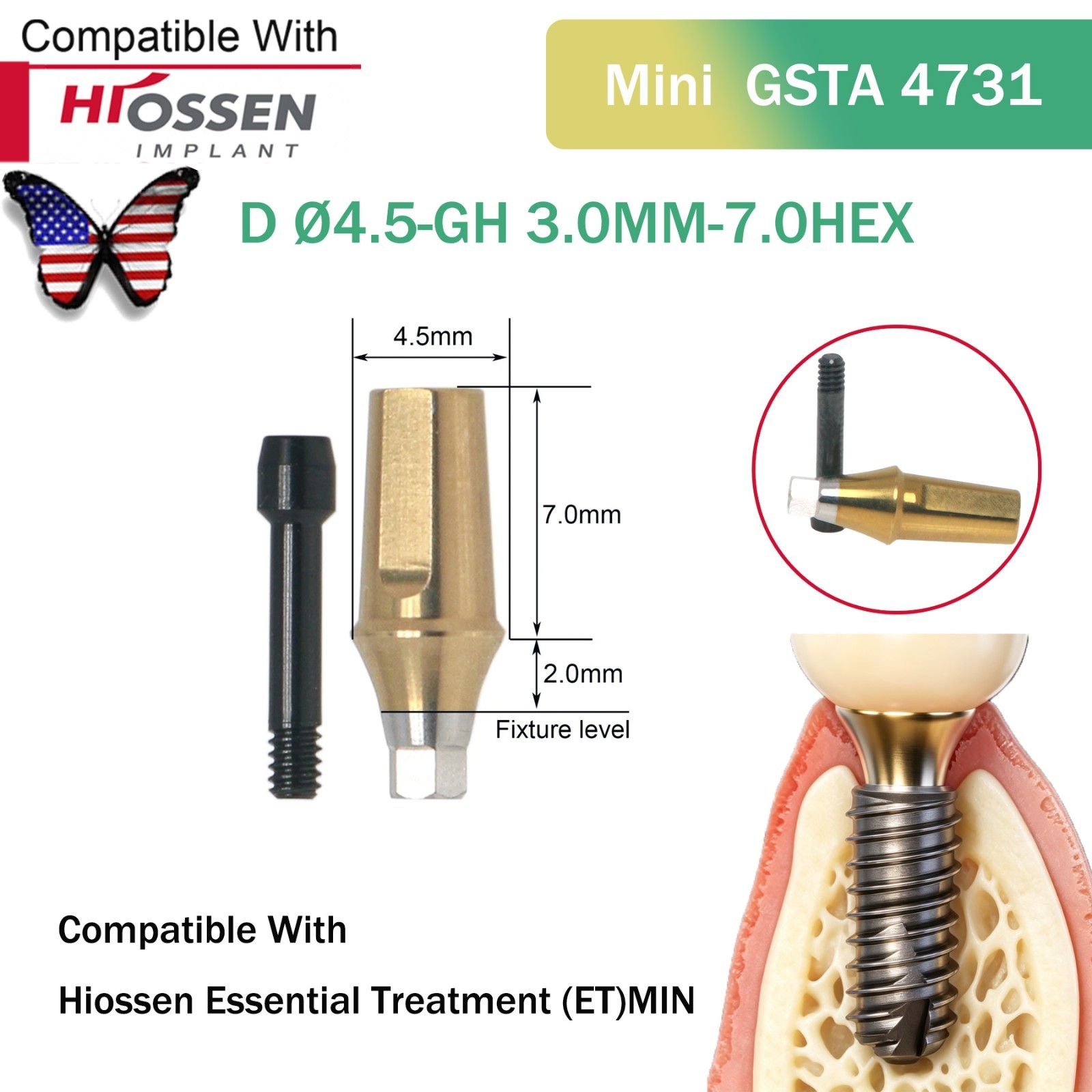 US Straight Abutment Fit Osstem Hiossen ET Mini Φ4.5 Cement Retained GH 1-5.0mm