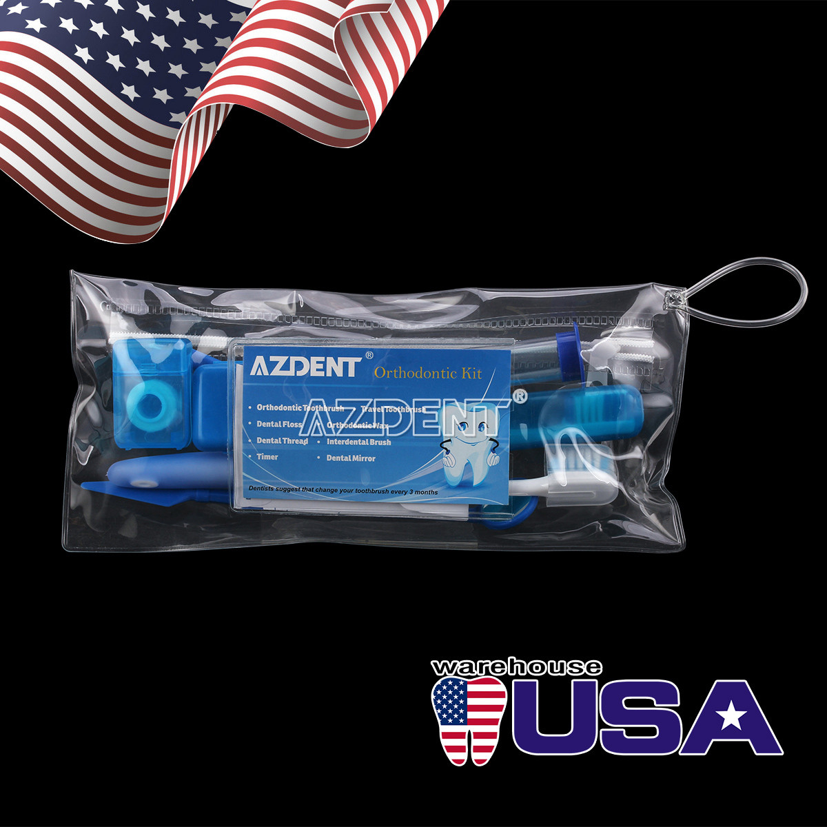 100 kits Ortho Dental Tooth brush Tie Interdental brush Floss Oral Care Kit Blue