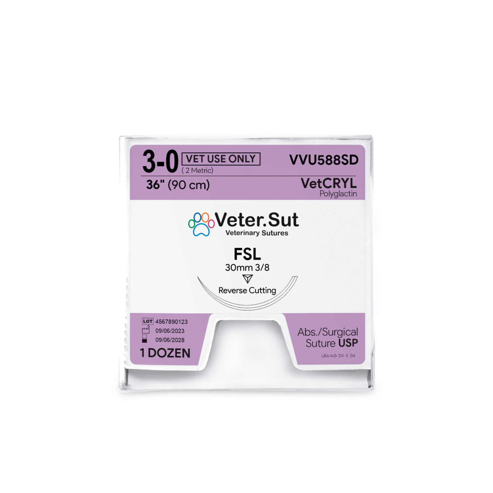 VeterSut Vet-Cryl Polyglactin Suture USP 3-0, 3/8 reverse cutting 30mm Suture