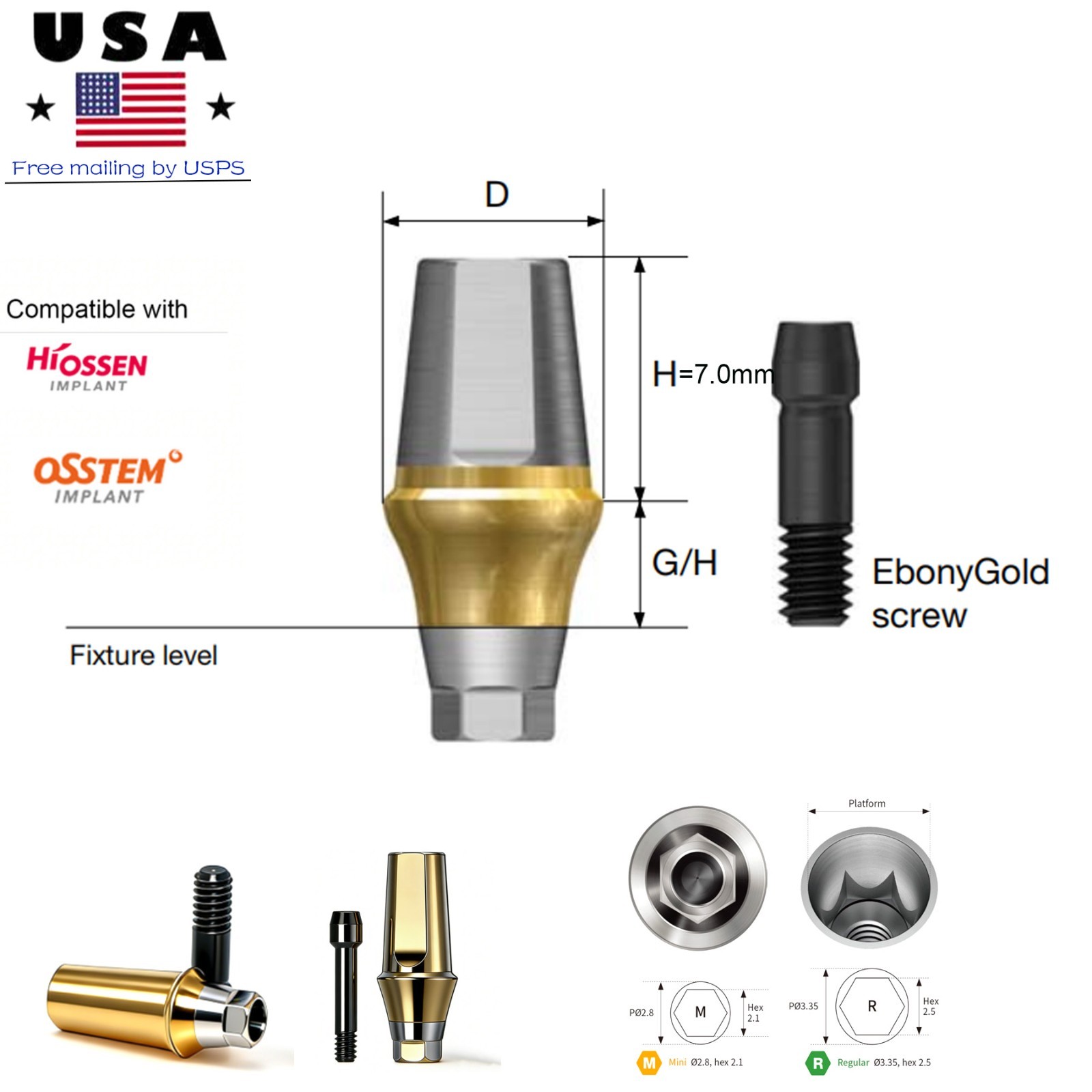 Dental Regular Mini Straight Abutment Hex Cemented W/Central screws fit Hiossen