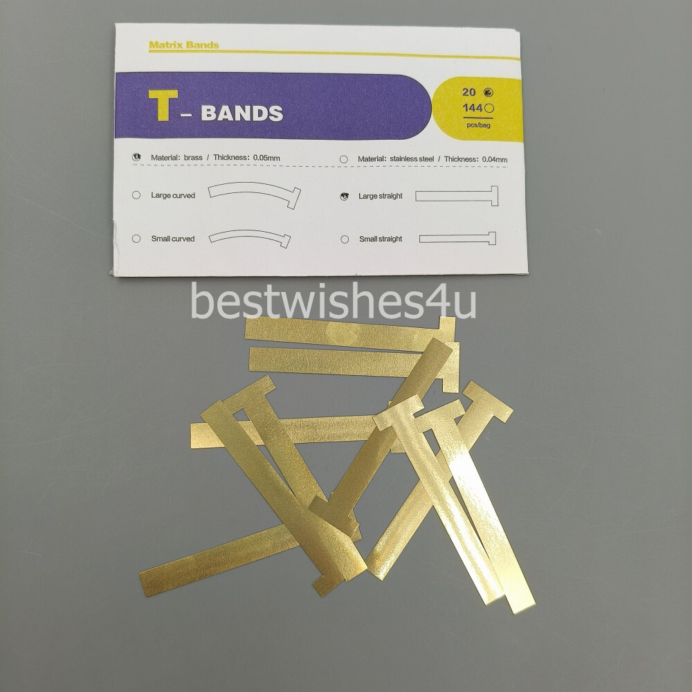 100/Bag Dental T- Band Brass Straight Large Small Curved Matrix Bands 0.05mm
