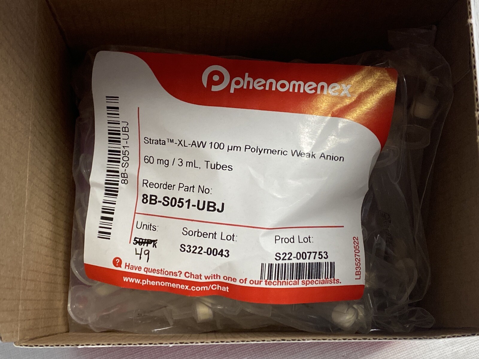 (49) PHENOMENEX Strata-XL-AW 100um Polymeric Weak Anion 3mL Tubes 8B-S051-UBJ