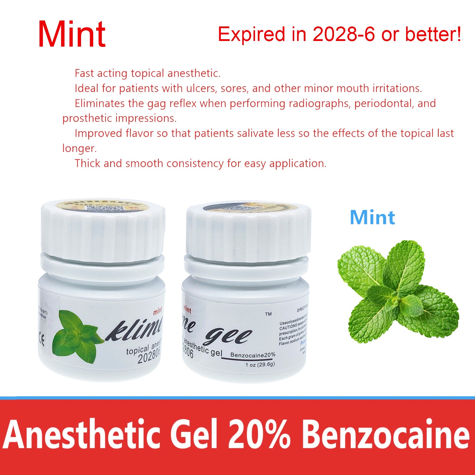 Fresh Dental Topical pain free Gel 20% Benzocaine 1oz Jar , Mint/Strawberry