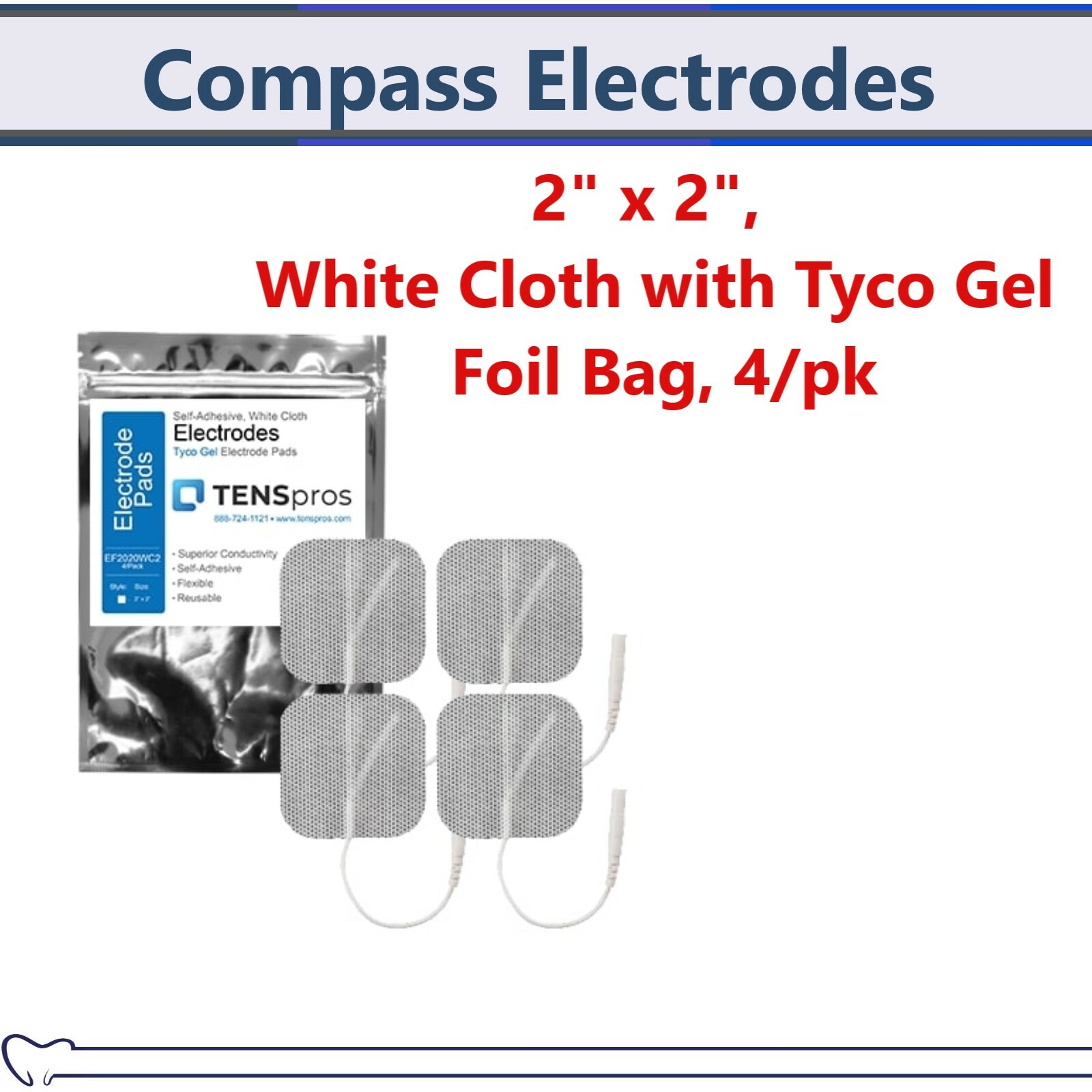 Self-Adhesive Electrodes, 2″ x 2″ White Cloth with Tyco Gel in Foil Pk, USA Made