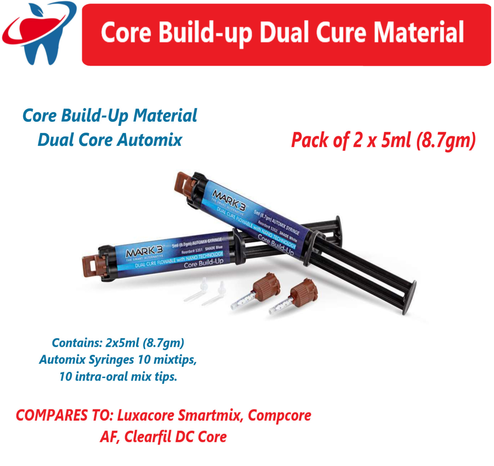 Dental Core Build-Up Dual Cure Automix Shade: White, 1/2 Core Material, Made USA