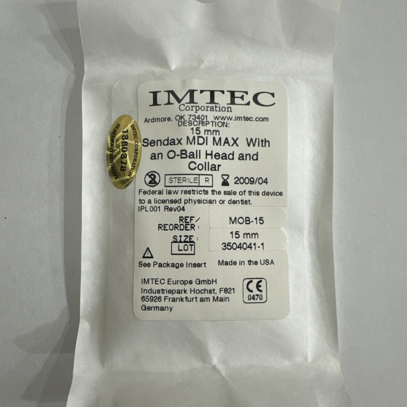 IMTEC Sendax MDI O-Ball Prosthetic Head 15mm Each