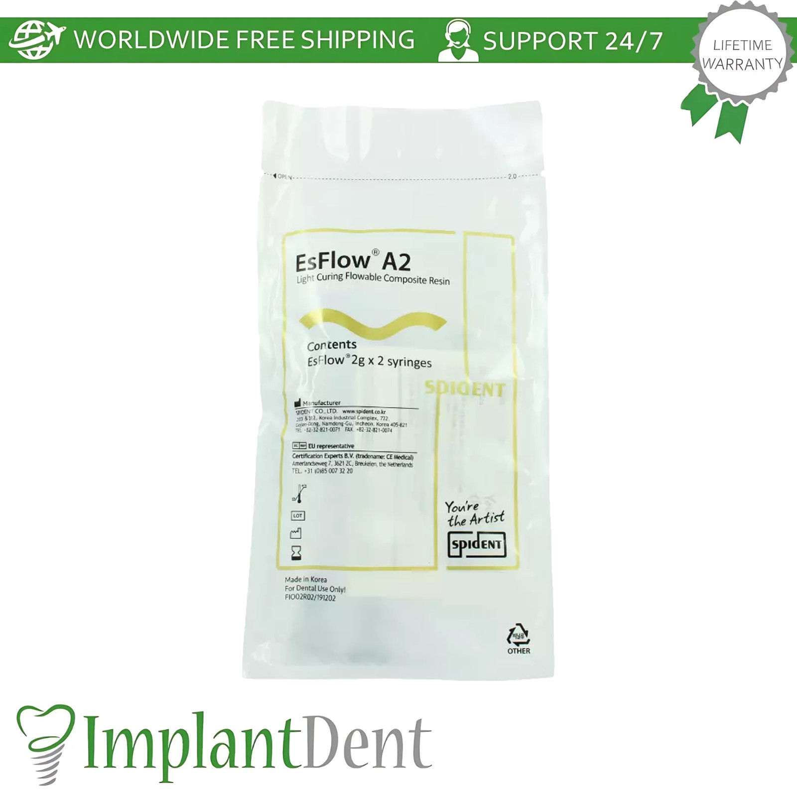 Spident EsFlow Flowable C0mposite R3sin 2x2g Light Cured Dental Restorations