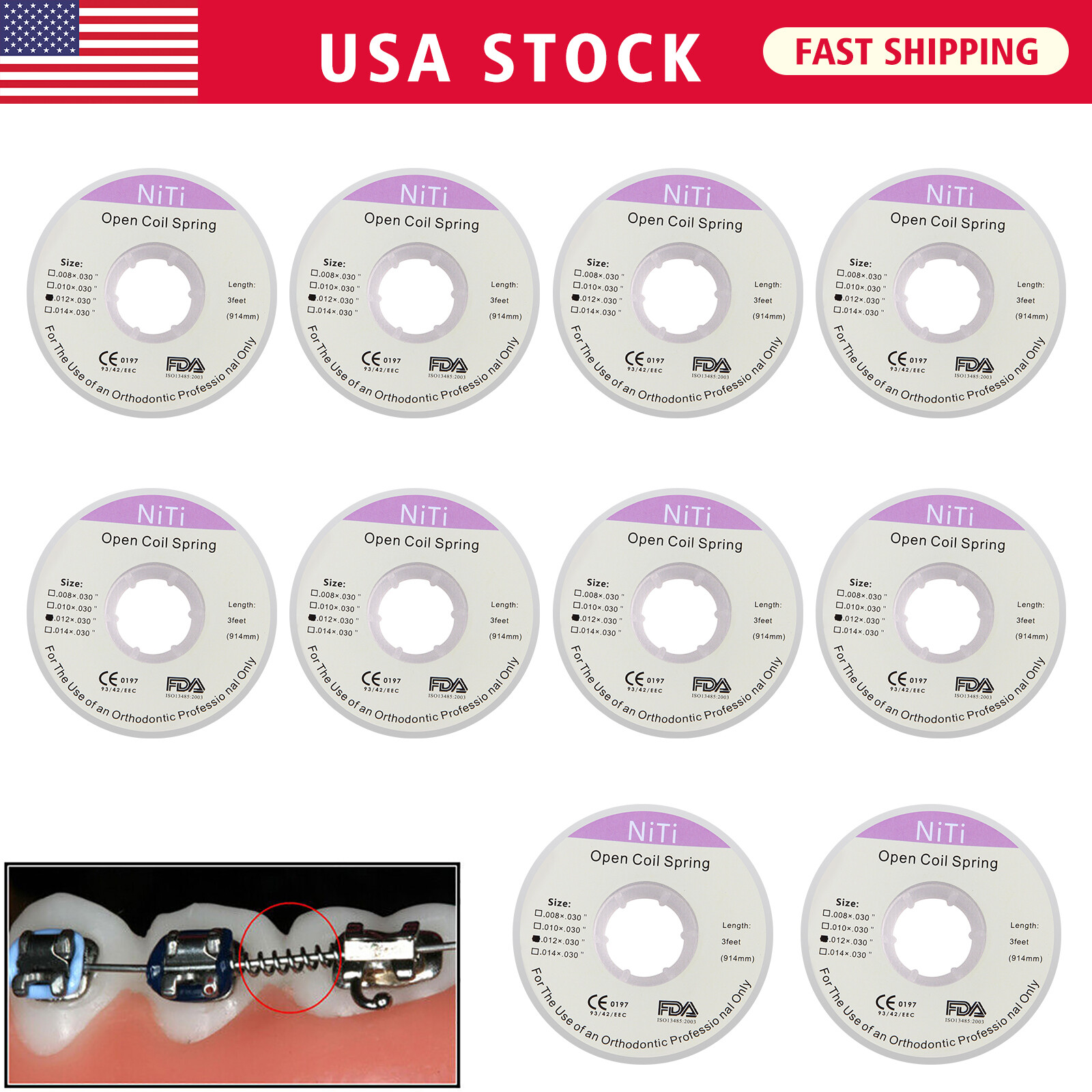 10 Roll Dental Orthodontic Niti Open Coil Spring Spool Dia.012 *030 ” inch 914mm