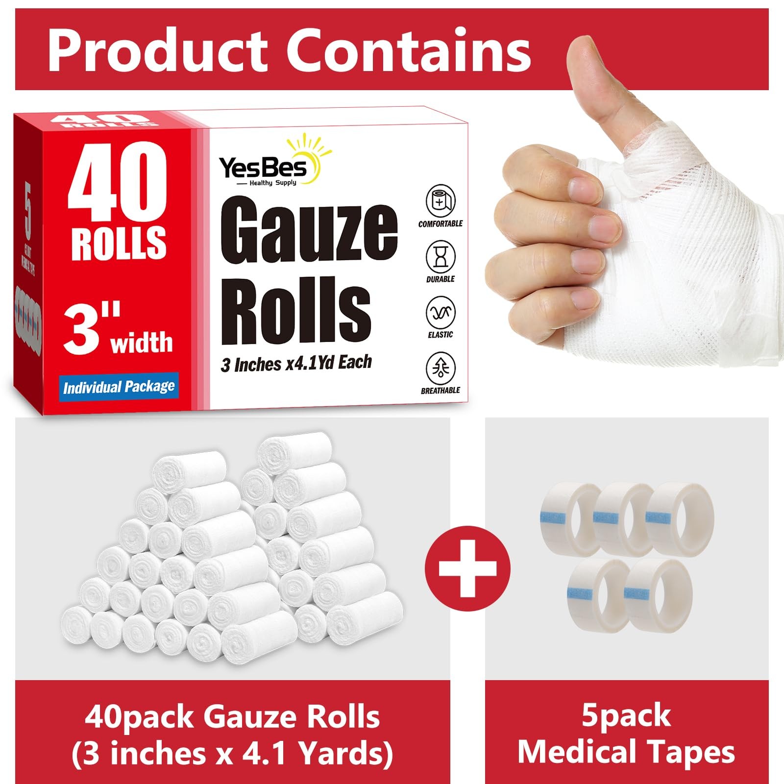 YesBes 40 Pack Gauze Rolls, 3 in x 4.1 Yards, 3 Inch x yards, 40