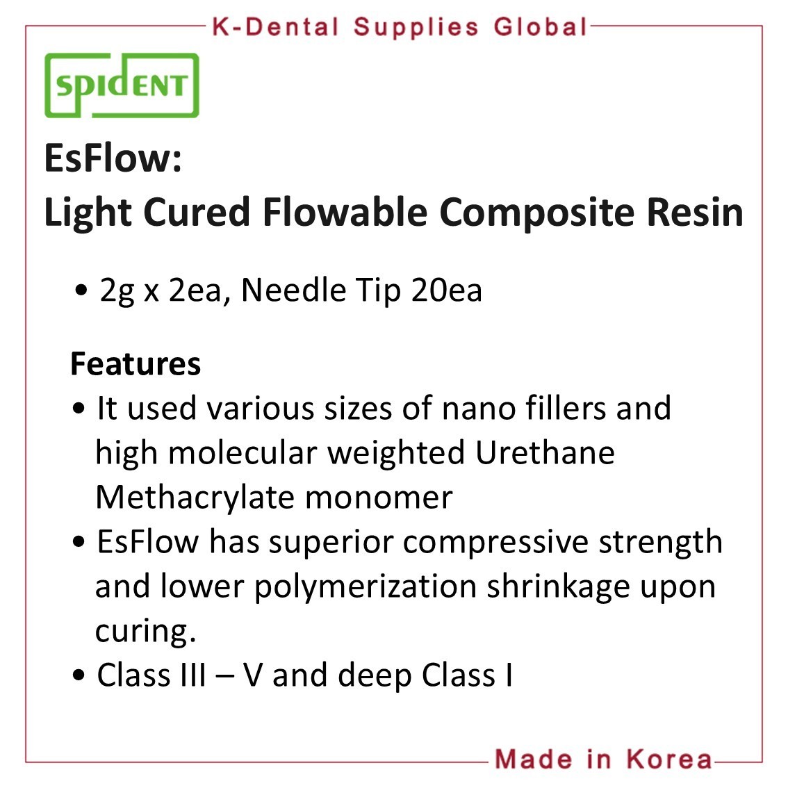 Spident EsFlow Dental Light Cured Flowable Composite 2g x 2ea