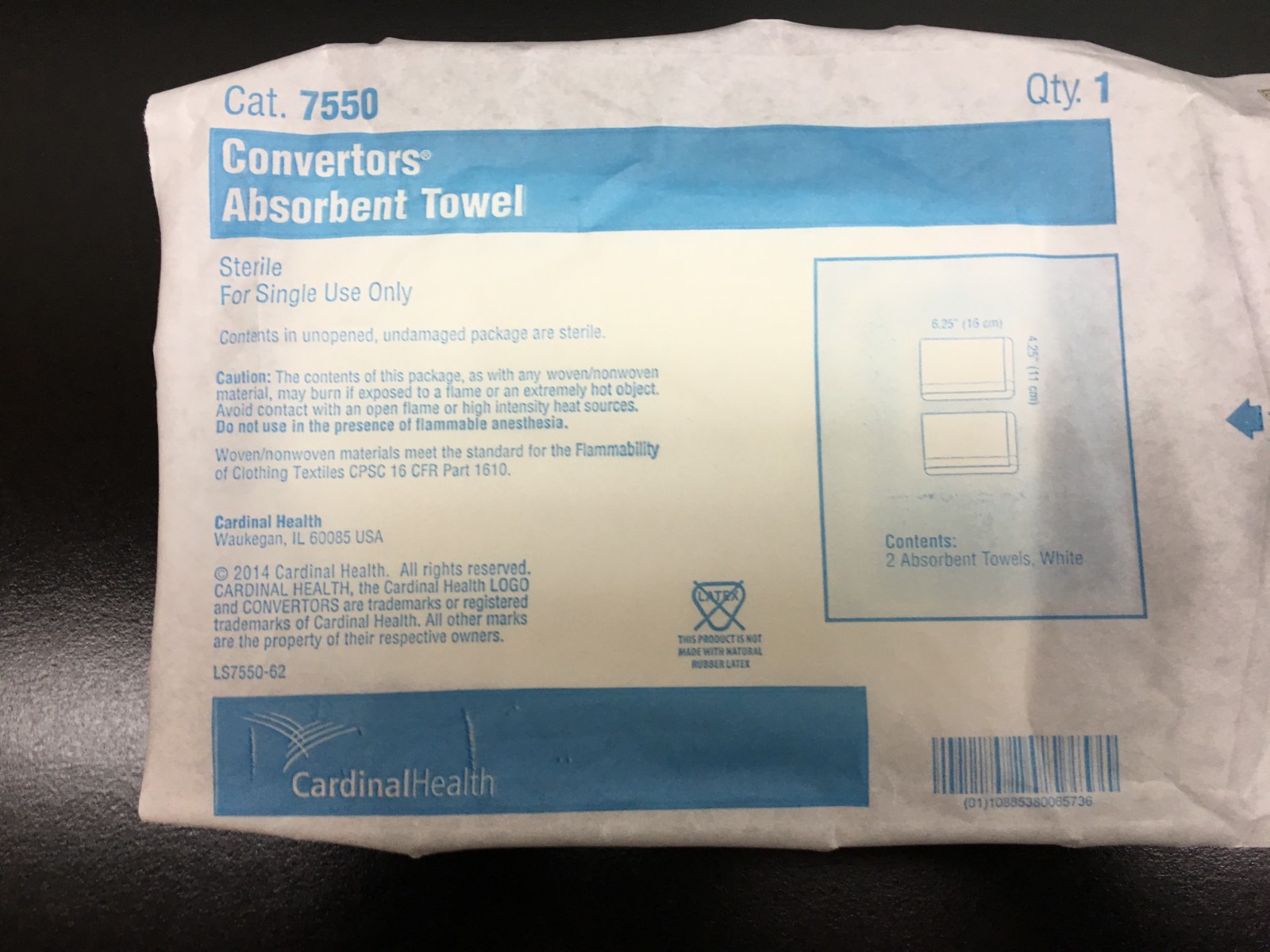 Cardinal Health REF 7550 Convertors Absorbent Towel Sterile Lot 33 PCS