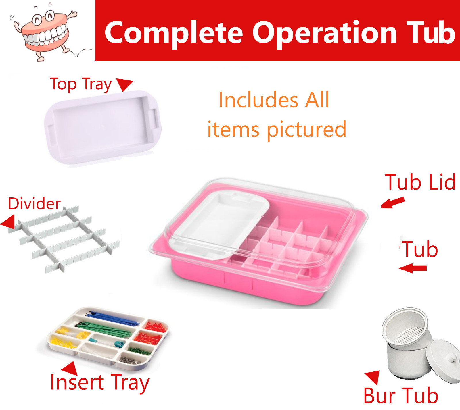 Dental Procedure Tub Insert Tray Mini Tray Divider Tub Cover – Complete Set Pink