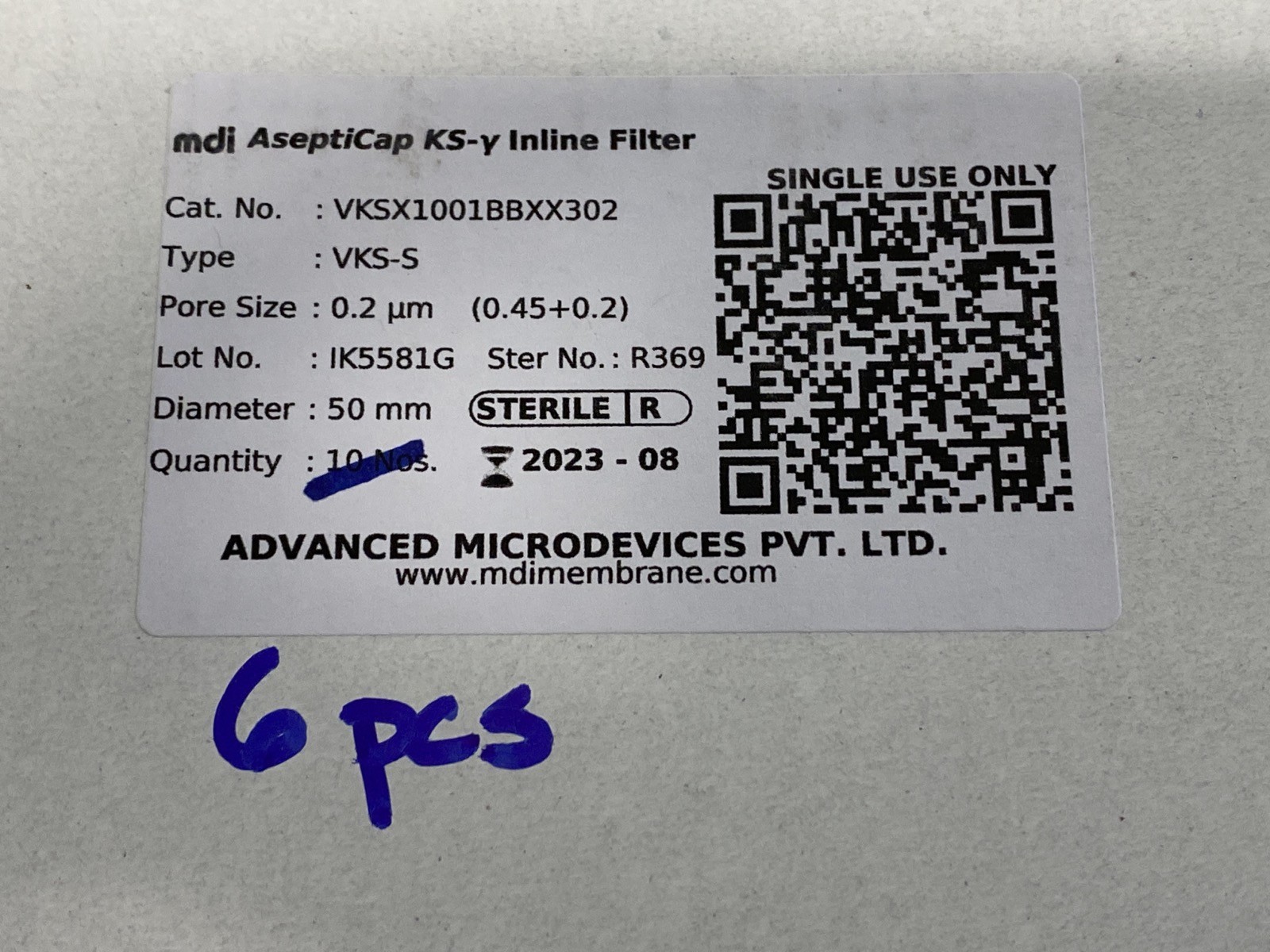 (6) Advanced Microdevices MDI AseptiCap KS-y Inline Filter 50mm VKSX1001BBXX302