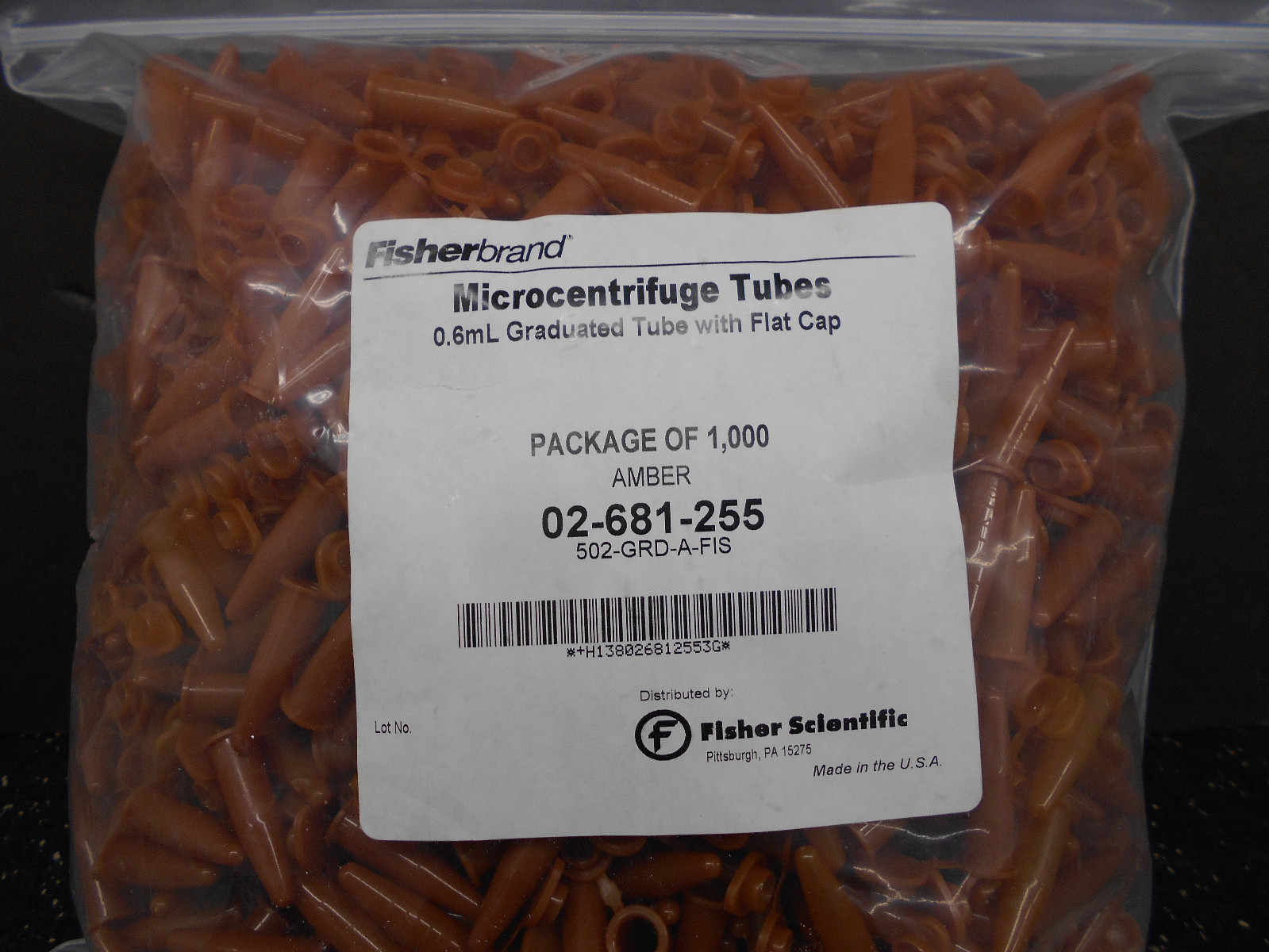 FISHERBRAND 02-681-255 0.6ML GRADUATED MICROCENTRIFUGE TUBES W/ FLAT CAP 1000/BG