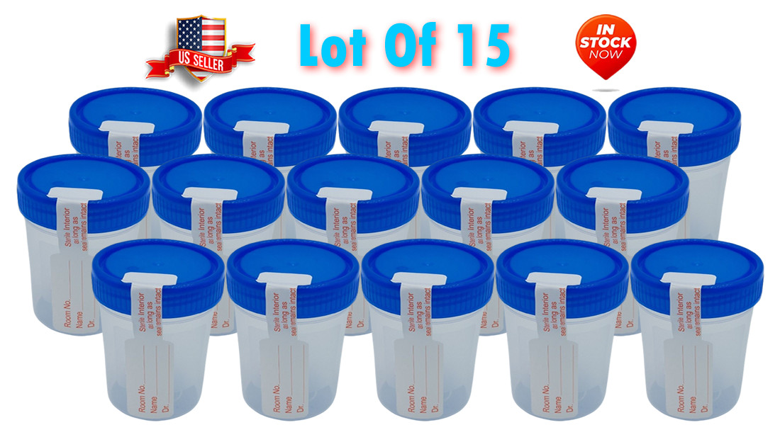15 Sterile Specimen Cups Urine Collection 120mL – 4oz (W/ Seal LID Name Room Dr)