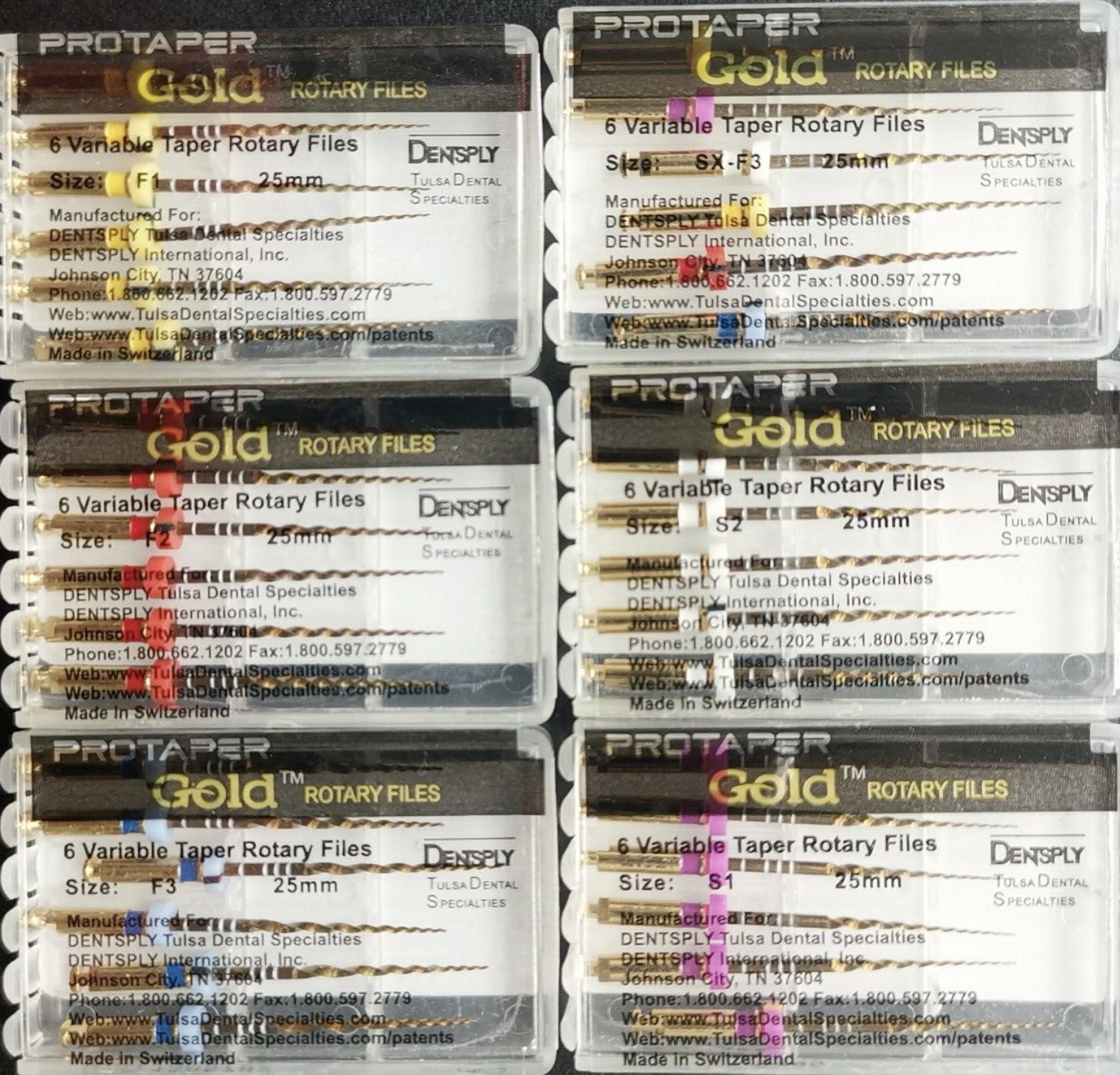 Dentsply ProTaper Gold Rotary Files F1,F2,F3,S1,S2,SX-F3, SX19 25mm 6 file pkg 1