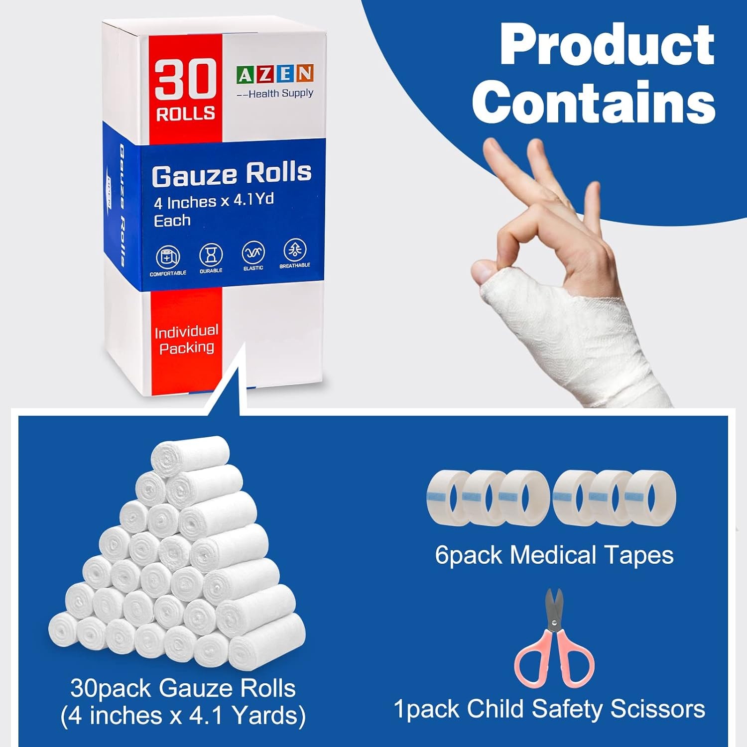 AZEN 30 Pack Gauze Rolls Bandages, 4 in x 4.1 Yards, Premium 4IN, C-30p