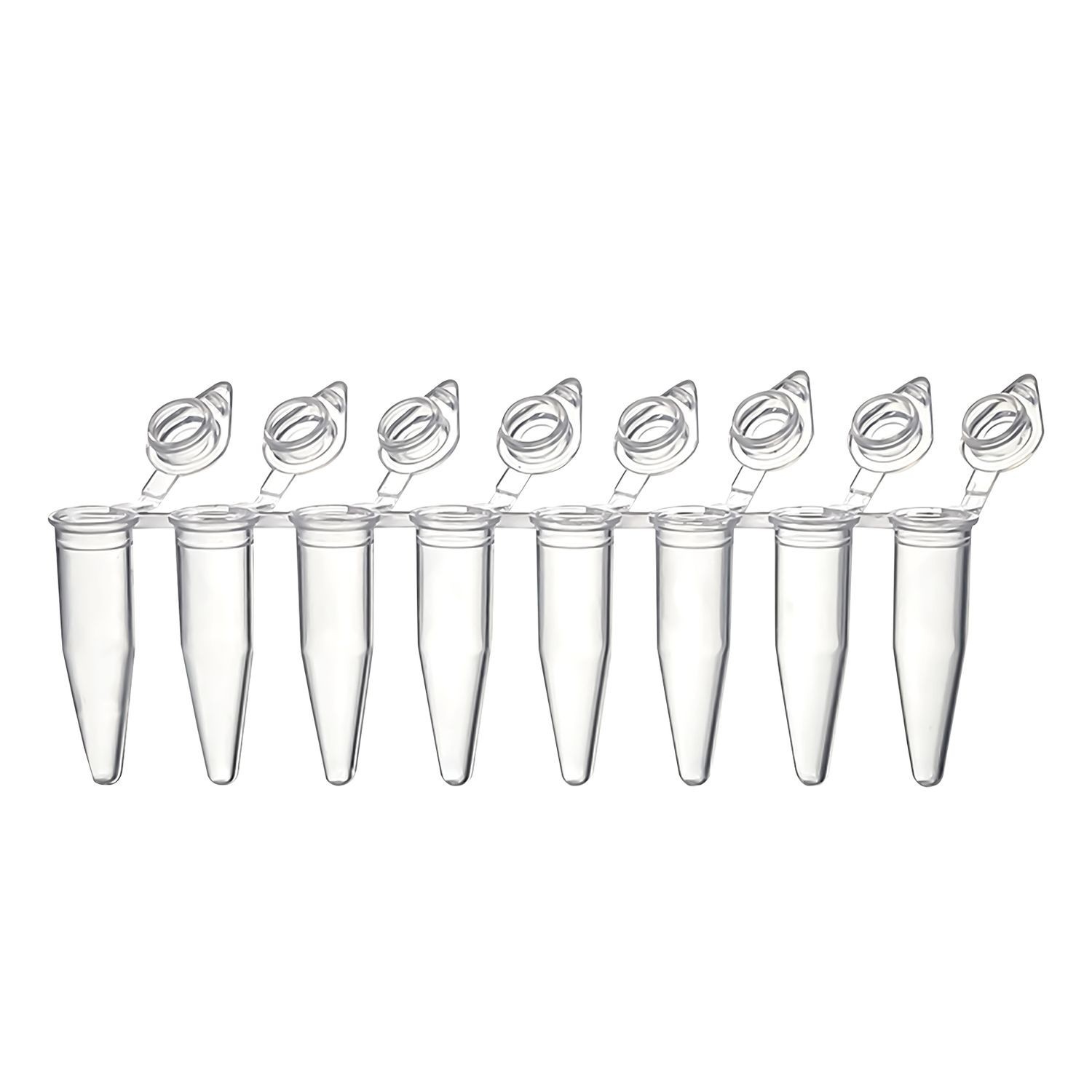 0.2ml-8-Strip PCR Tubes, Individual type with attached cap, flat-top Clear