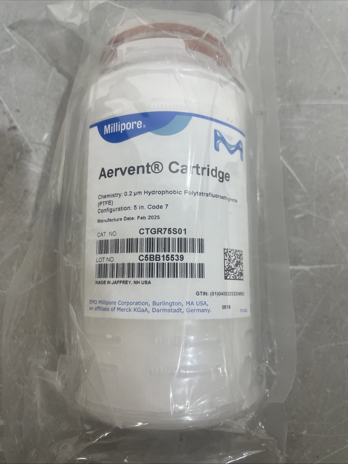 Millipore CTGR75S01 Aervent CTGR Cartridge Filter 5 in. 0.2 µm Code 7 PTFE